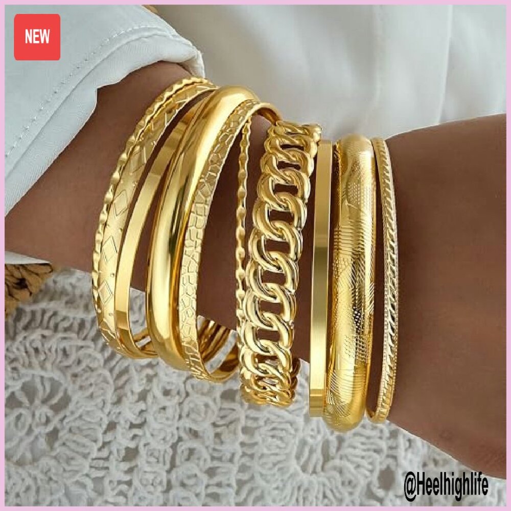 14k Gold Plated Stackable Bangle Set, 10 Chunky T… - image 3